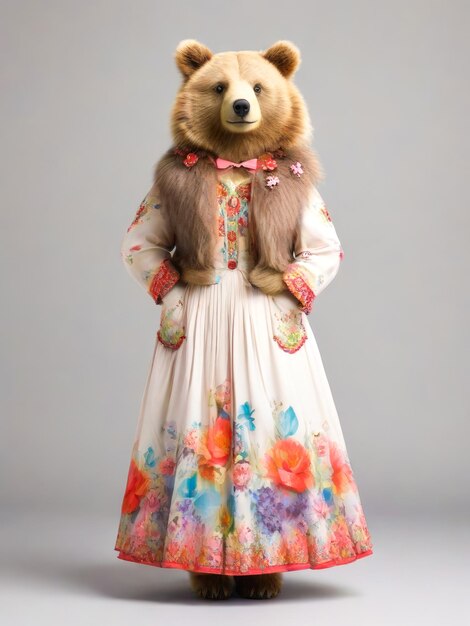Grappige beer met jurk Antropomorfe dierenportret in vintage stijl
