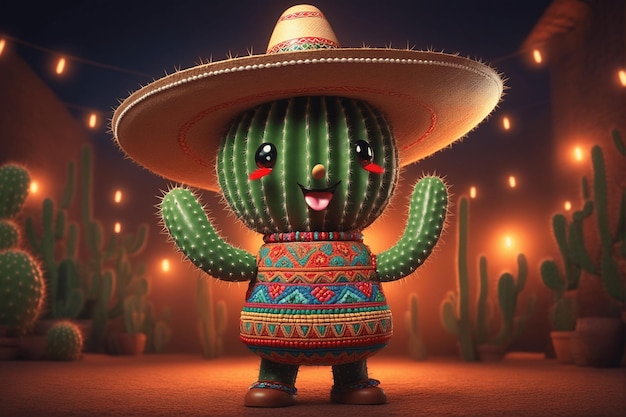 Foto grappige cactus in sombrero en poncho dansen op de straat's avonds