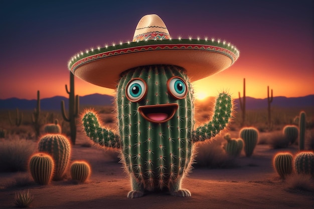 Foto grappige cactus met een gezicht in een mexicaanse sombrero hoed