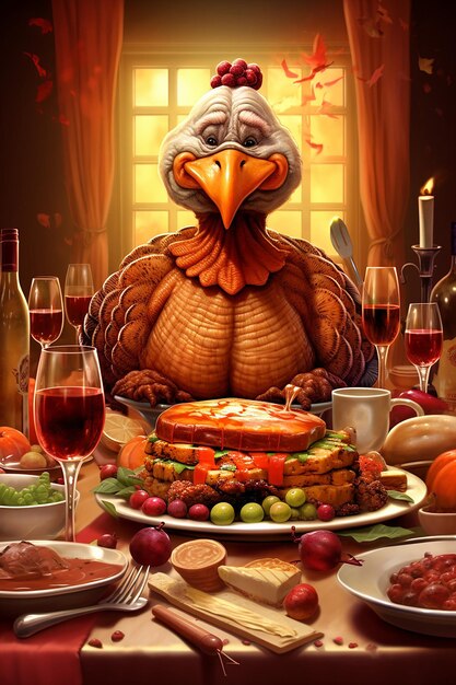 Foto grappige cartoon kalkoen thanksgiving diner