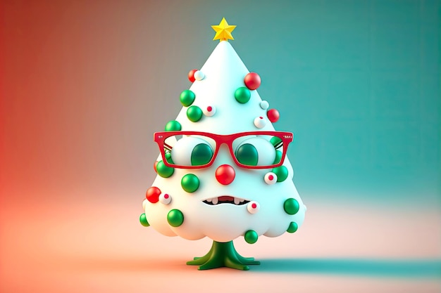 Grappige cartoon kerstboom karakter schattige witte heldere bril