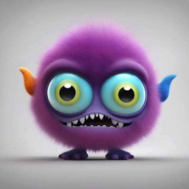 Grappige cartoon monster met grote ogen en paarse haar 3d rendering