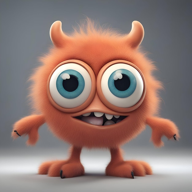 Grappige cartoon monster met grote ogen op grijze achtergrond 3D rendering