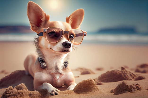 Grappige chihuahua hond poseren op een strand in zonnebril met generatieve AI-technologie