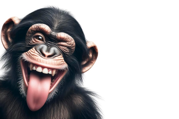 Grappige chimpansee knipoogt en steekt tong uit witte achtergrond
