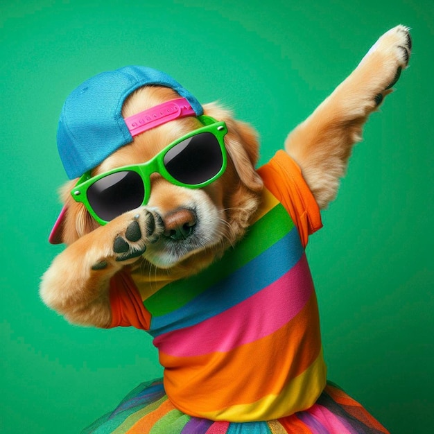 Foto grappige dabbende hond met kleurrijke kleren en zonnebril die op de groene achtergrond danst
