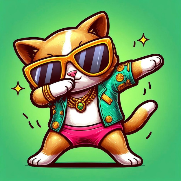 Grappige dabberende kat met kleurrijke kleren en zonnebril die op de groene achtergrond danst