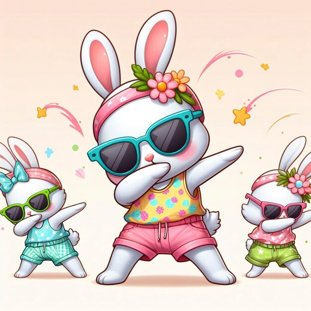 Grappige dabberende konijn met kleurrijke kleren en zonnebril die op de pastel achtergrond danst