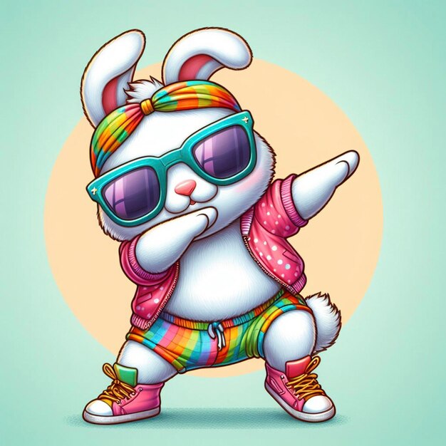 Foto grappige dabberende konijn met kleurrijke kleren en zonnebril die op de pastel achtergrond danst