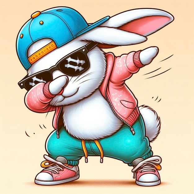 Foto grappige dabberende konijn met kleurrijke kleren en zonnebril die op de pastel achtergrond danst