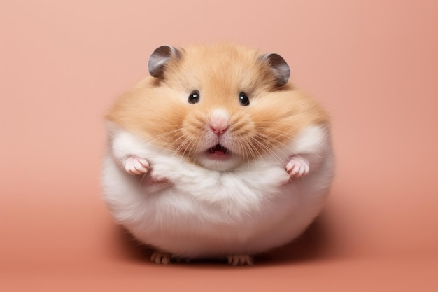 Grappige dikke hamster met opgezette wangen, kijkend naar de camera