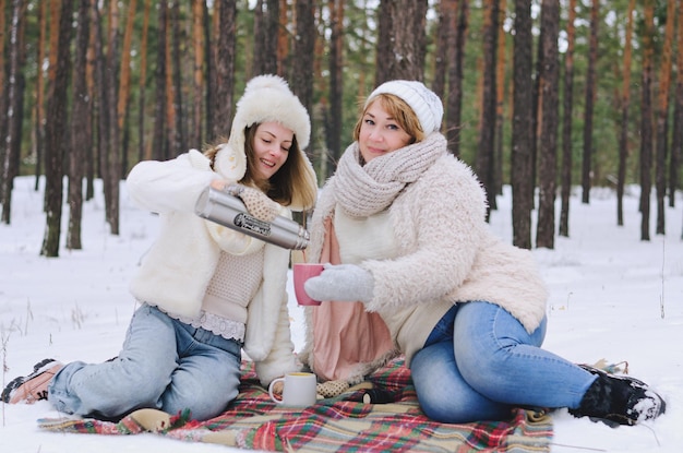 grappige familie in besneeuwd park, bos. Jonge vrouw, meisje, moeder. besneeuwde pijnbomen. plezier hebben