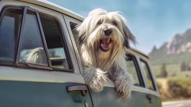 Grappige gelukkige hond die tijdens het reizen uit het autoraam kijkt