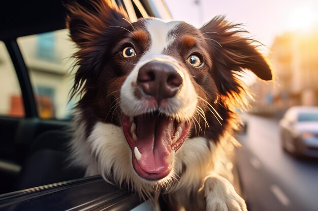 Grappige gelukkige hond die uit het raam van de auto kijkt