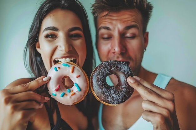 Foto grappige gemengde ras jonge vrouw en man smaken heerlijke donuts