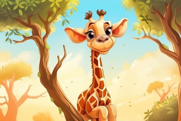 Grappige giraffe in de wilde natuur Getrokken cartoon dierlijke illustratie Generatieve ai