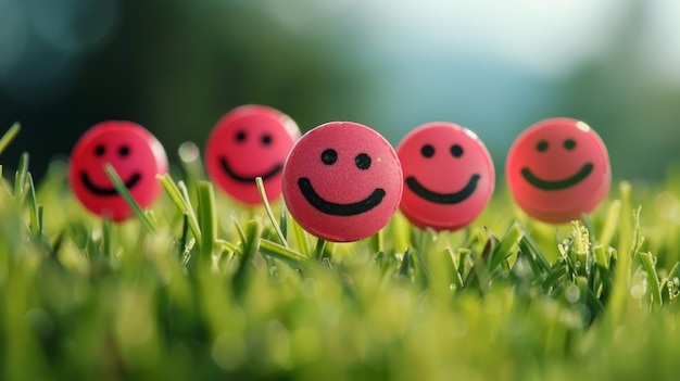 Grappige glimlachende gezichten op een achtergrond van groen gras.