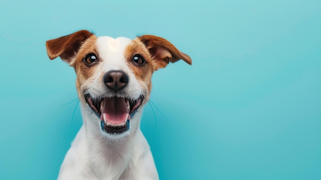 Grappige glimlachende hond Jack Russell terrier geïsoleerd op blauwe achtergrond met kopie ruimte huisdieren fotografie