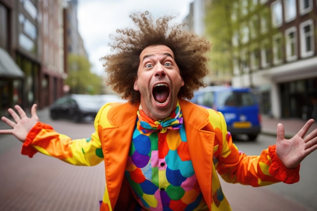 Foto grappige grappige clown in een helder kostuum op een stadsstraat