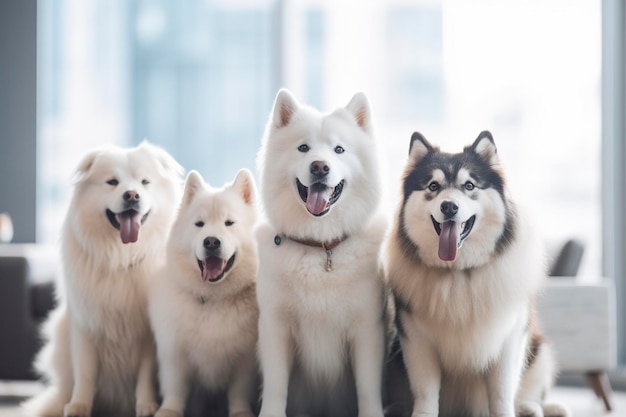 Grappige groep lachende kleine honden kijken naar camera Ai gegenereerd