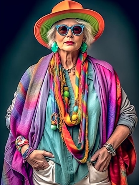 Grappige grootmoederportretten Senior oude vrouw die zich elegant kleedt voor een speciale gebeurtenis oma mode m