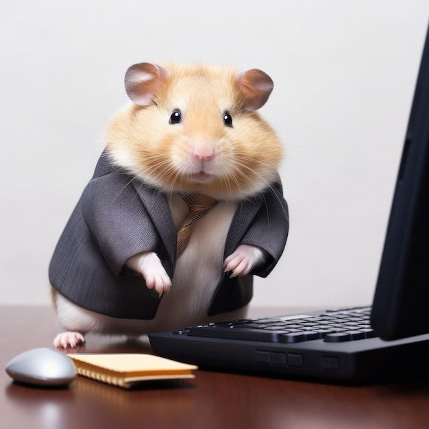 Foto grappige hamster in pak en stropdas die op zijn laptop werkt op kantoor realistische generatieve ai-illustratie