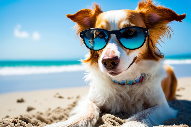 Grappige hond is aan het chillen op de zandige kust van de prachtige oceaan Zomervakantie concept Generatieve AI-illustratie