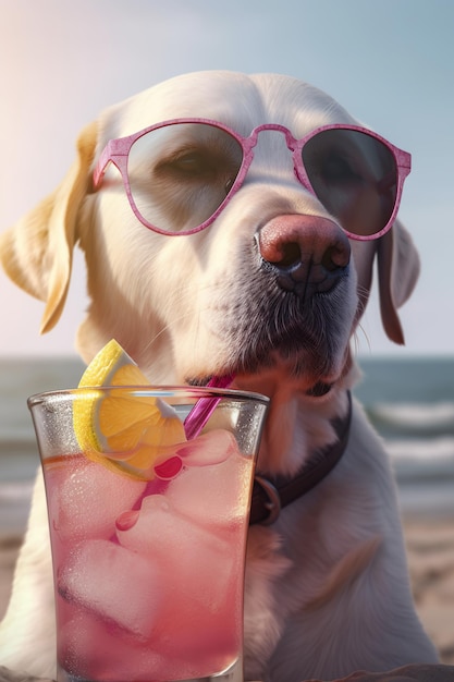 Grappige hond labrador in roze zonnebril op het strand