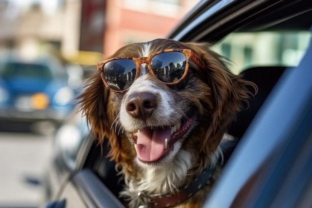 Grappige hond met bril in het autoraam tijdens autoritten gemaakt met Generative AI