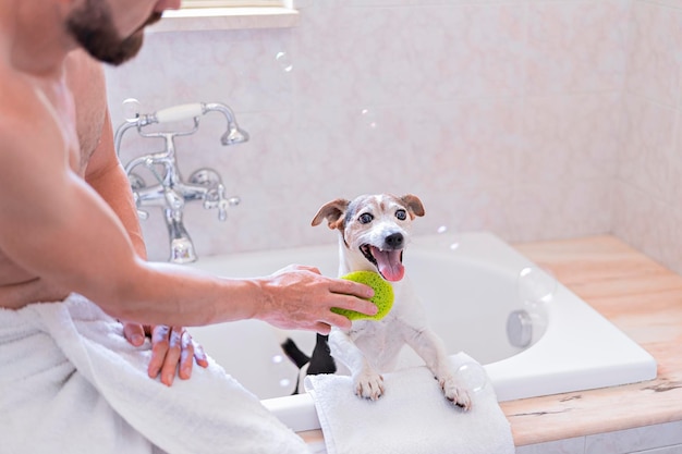 Grappige hond met douchemuts die plezier heeft met zeepbellen in de badkamer met eigenaar