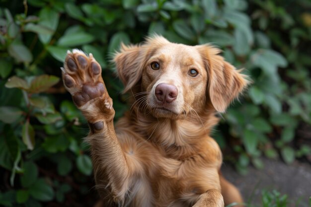 Grappige hond met opgeheven hoge poot die een high five gebaar toont