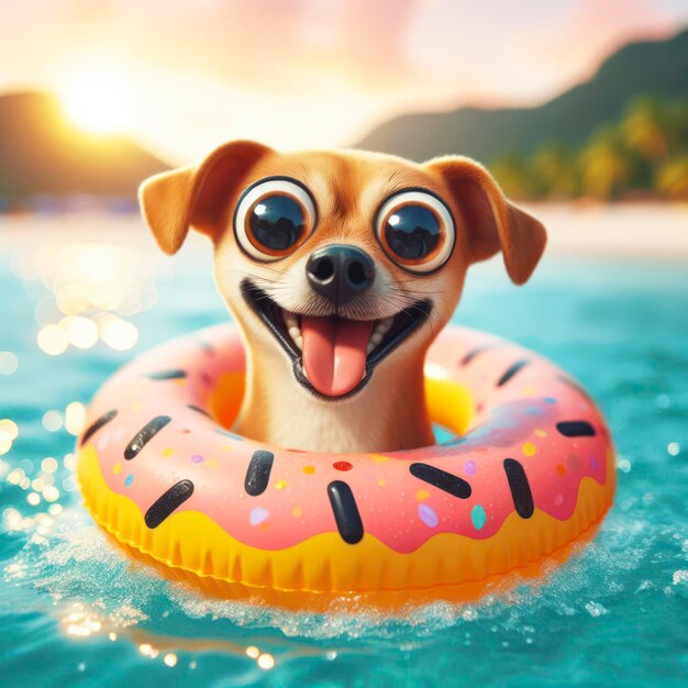 Foto grappige hond met uitpuilende ogen en een glimlach zwemt in een opblaasbare ring op vakantie ai generatief