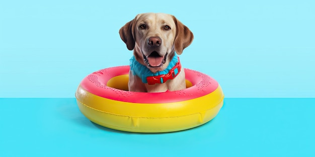 Grappige hond ontspannen op een zwembad drijven in het water zomer concept huisdier liefde vriendschap