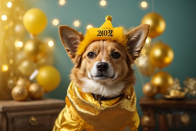 Foto grappige hond viert het nieuwe jaar 2024 met een tekenkostuum geïsoleerd op een gele achtergrond