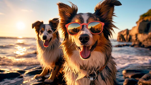 grappige honden met zonnebril op het strand in de zomer