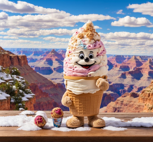 Foto grappige ijsmascotte in wafelkegel op tafel grand canyon national park arizona usa