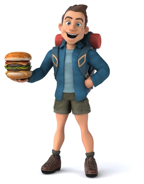 Grappige illustratie van een 3d cartoon backpacker