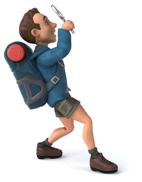 Grappige illustratie van een 3D cartoon backpacker
