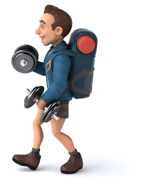 Grappige illustratie van een 3D cartoon backpacker