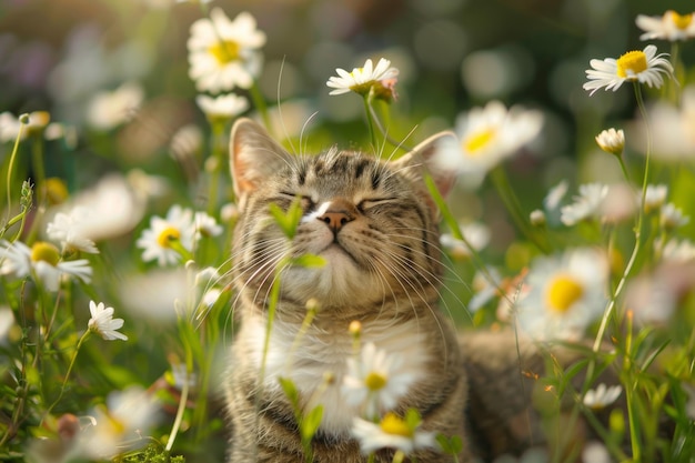 grappige kat die geniet van het begin van de bloeiende lente