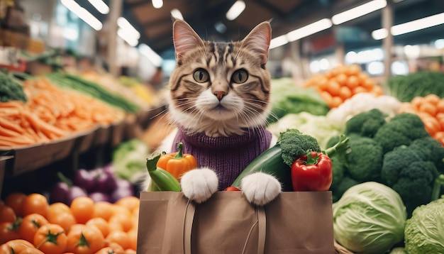 Grappige kat in de winkel die groenten koopt ai-generatie