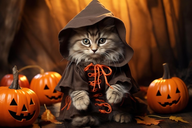 Grappige kat in fantasie kostuum op Halloween klein huisdier met pompoenen generatieve AI Portret van kat op oranje feestelijke achtergrond Hallowen feestbeest vakantie herfst en oktober concept