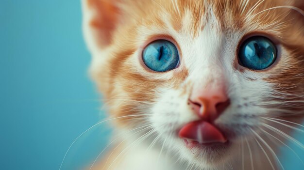 Grappige kat likke zijn lippen Portret van een wit geklede kitten met prachtige blauwe ogen die recht vooruit kijken Lieve hongerige kat