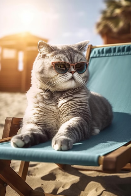 Grappige kat schotse vouw in sunglases op het strand