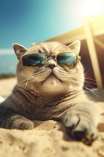 Grappige kat schotse vouw in sunglases op het strand