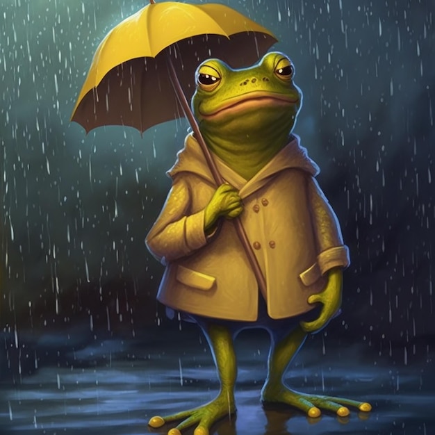 Grappige kikker die een gele regenjas draagt terwijl het regent