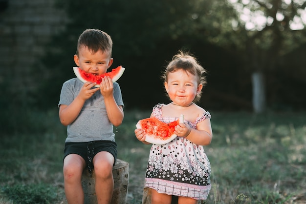 Grappige kinderen eten watermeloen. Broer en zus in de open lucht, zittend op de stronken