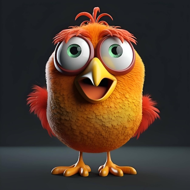 Grappige kip met grote ogen op zwarte achtergrond 3d illustratie