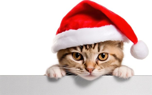 Grappige kitten in rode kerstmuts die van achter lege banner AI generatief gluurt