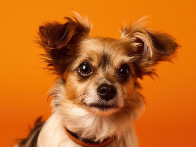 Grappige kleine hond in glazen op oranje achtergrond